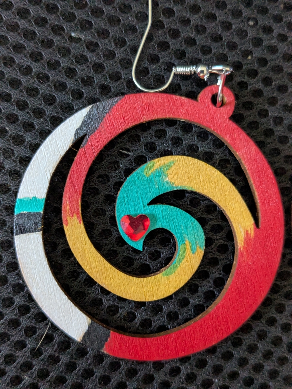 Native American Hand-painted Fire Colors Spiral Wooden Earrings - Picture 3 of 3